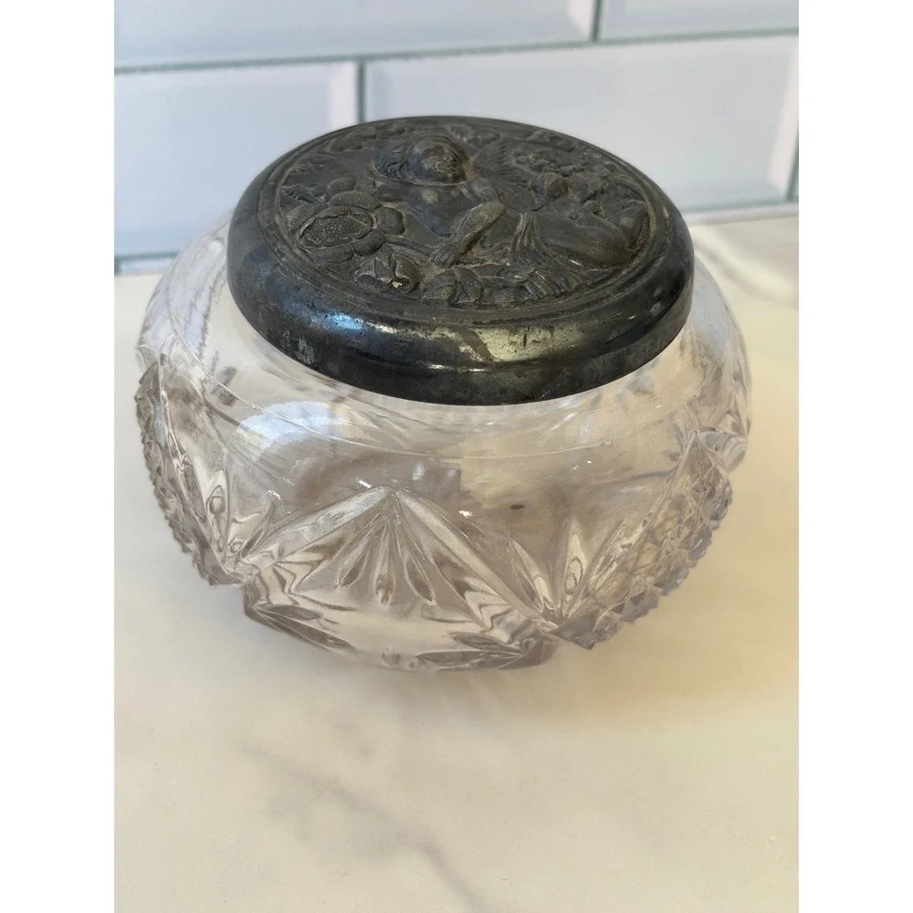 Vintage Cut Glass Powder Jar Cherub Repousse Metal Lid Vanity Trinket Bowl